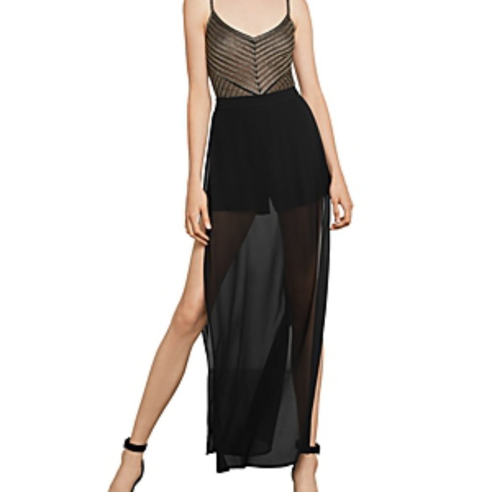 BCBGMAXAZRIA black overlay shorts sheer maxi skirt